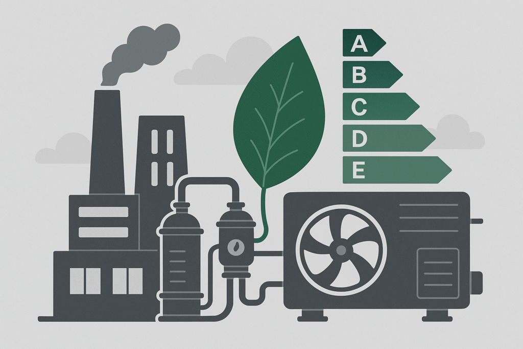 Schematic illustration of an energy-efficient industrial system featuring HVAC equipment and a green leaf symbolizing sustainability