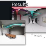 Rendered VR views of hospital interiors with color-coded MEP systems above ceilings.