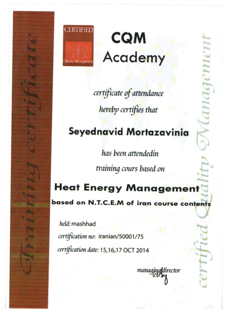 Heat Energy Management Training Certificate – CQM Academy – Seyed Navid Mortazavinia