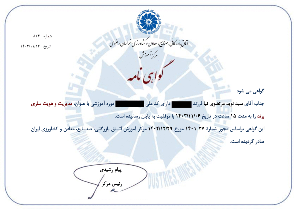 Brand Management and Identity Development Certificate – Seyed Navid Mortezavi Nia