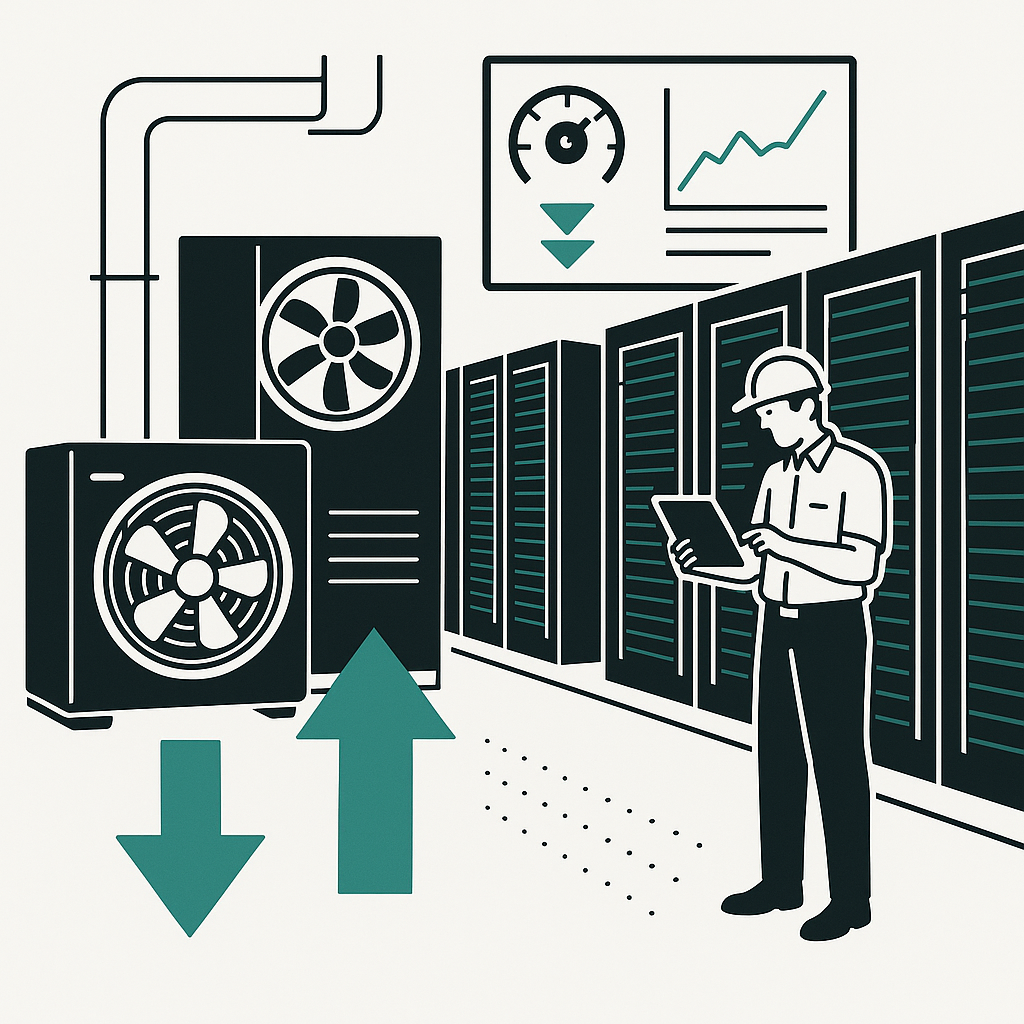 Flat-style illustration of AI-driven HVAC system optimizing energy use in a smart shopping mall.