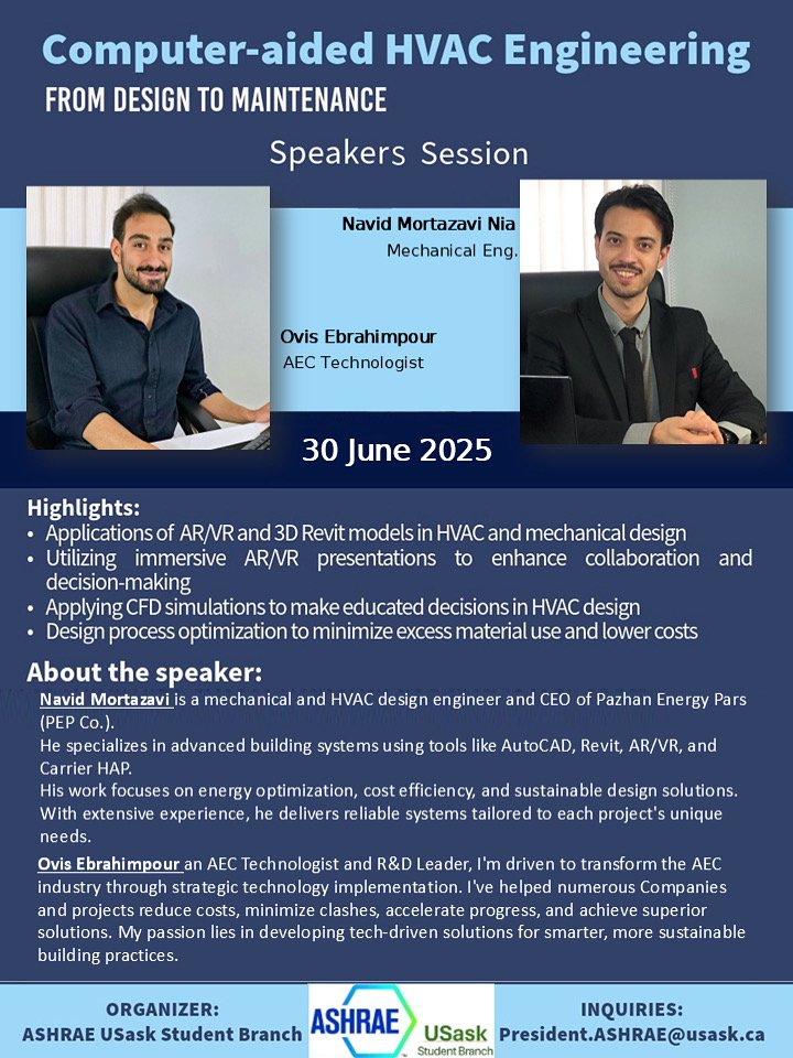 Computer-aided HVAC Engineering speakers session poster featuring Navid Mortazavi and Ovis Ebrahimpour, focusing on AR/VR and Revit applications in HVAC design.