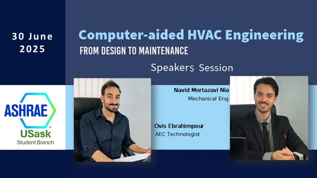 Computer-aided HVAC Engineering speakers session poster featuring Navid Mortazavi and Ovis Ebrahimpour, focusing on AR/VR and Revit applications in HVAC design.